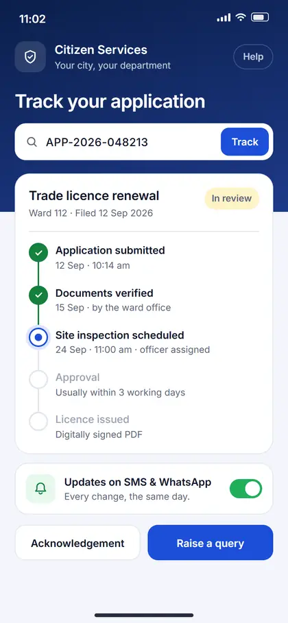 Concept screen: tracking a trade-licence application step by step