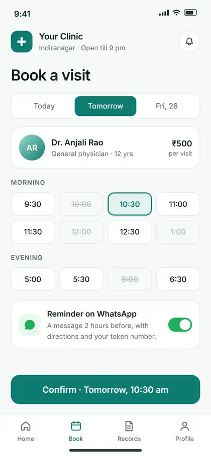 Concept screen: booking a clinic visit, with a WhatsApp reminder switched on