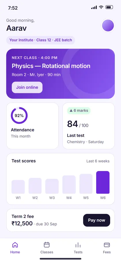 Concept screen: a student’s day with attendance, test scores and fees