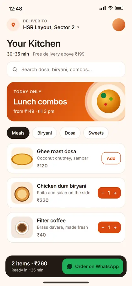 Concept screen: a cloud-kitchen menu with the cart sent as a WhatsApp order