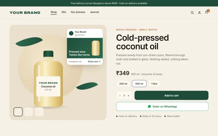 Concept screen: a product page for a D2C brand, with its Instagram ad