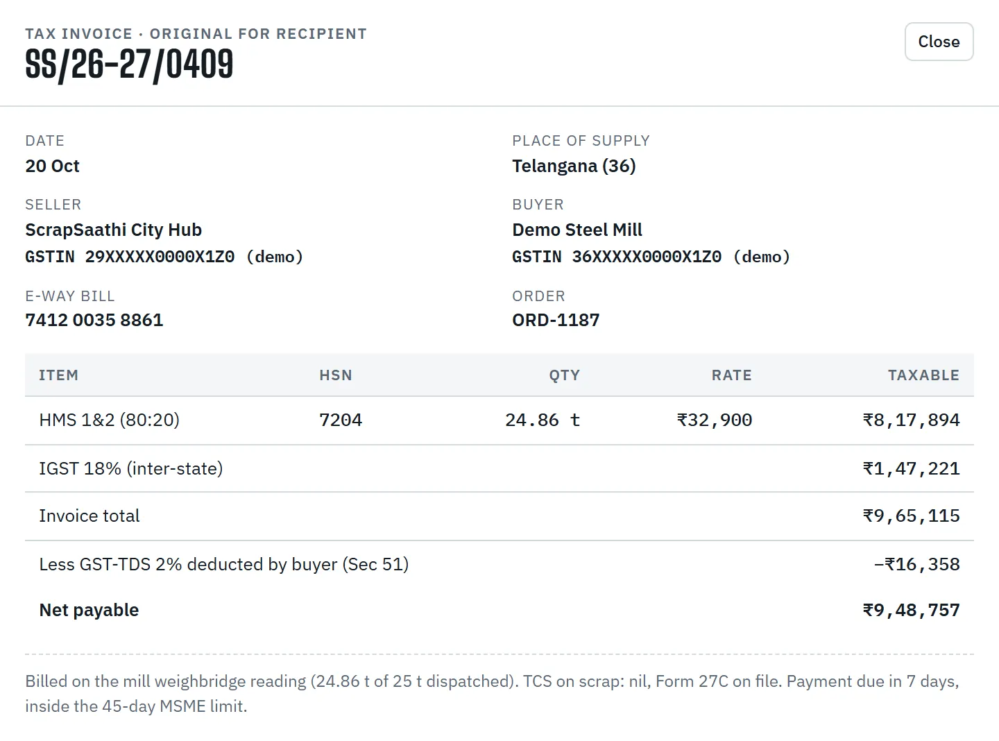 GST invoice for a delivered lot, with IGST and TDS calculated