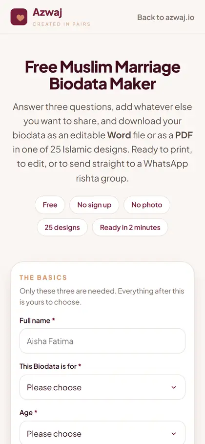 The Azwaj biodata maker — live