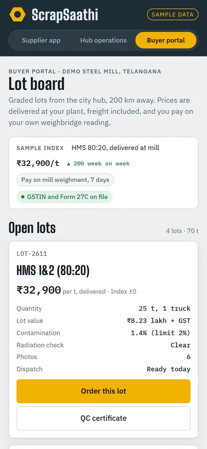 The ScrapSaathi buyer portal lot board on a phone — concept prototype, sample data